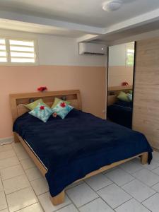 Schlafzimmer mit einem großen blauen Bett und einem Spiegel in der Unterkunft Le Cocon de l'Oranger in Le Moule