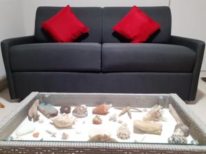 a couch with two red pillows and a tray of shells at A L'Arche Bleue in Le Robert