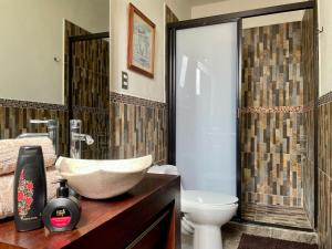 サンミゲル・デ・アジェンデにあるHermoso departamento en San Miguel De Allendeのバスルーム(洗面台、トイレ、シャワー付)