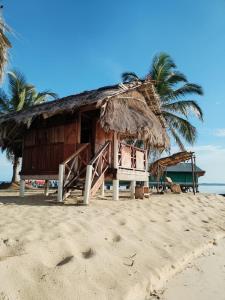 a hut on a beach with palm trees in the background at D-Gunayar Experience in Cabins classic in Arritupo Número Dos