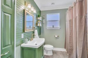 a green bathroom with a sink and a toilet at River Cottage near the Airport in Saint Rose +23 photos