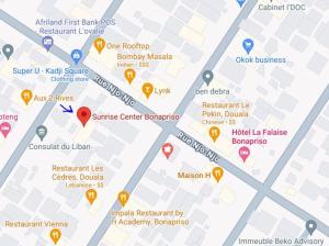a map of a shopping area with locations at Sunrise Center Bonapriso 104 in Douala