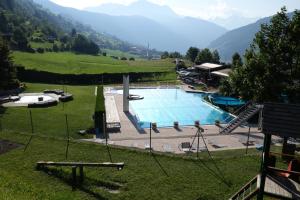 a swimming pool in a field with mountains in the background at Landhaus Dangl in Fliess
