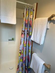 a shower curtain in a bathroom next to a toilet at Owls' Rest in Linkwater