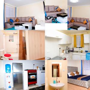 a collage of photos of a kitchen and a living room at The Hideout Thika Town in Thika