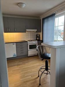 eine Küche mit einem Tisch und einem Stuhl darin in der Unterkunft Reinebu in Ørsta