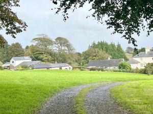 a gravel road in a grassy field with houses at Stable Corner, a 4 bedroom rural retreat in Loddiswell