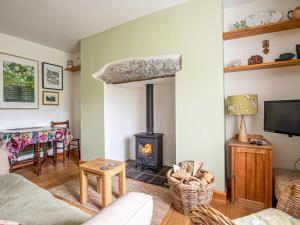 a living room with a wood stove at Swallow Cottage in Llandwrog