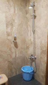 ein Badezimmer mit einer Dusche mit einem blauen Eimer in der Unterkunft Darshana Studios -Feel the luxury fully furnished in Noida