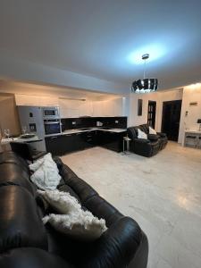 a living room with a leather couch and a kitchen at Luxury Copou Apartments in Iaşi