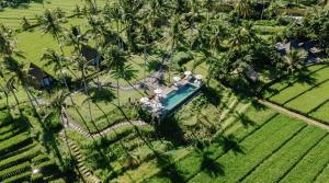 an aerial view of a resort with a swimming pool at Desa Cabins in Balian