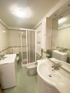 a bathroom with a sink and a toilet and a mirror at The Snow - Appartamento Panoramico con Balcone in Champoluc