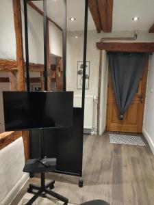 einen Flachbild-TV auf einem Stand in einem Wohnzimmer in der Unterkunft Bienvenus au Nid du Traminer in Eguisheim