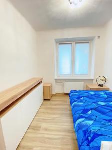 sypialnia z niebieskim łóżkiem i oknem w obiekcie Apart Wiktoria w Warszawie