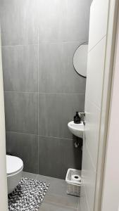 La salle de bains est pourvue de toilettes et d'un lavabo. dans l'établissement New modern accommodation in city, à Metković