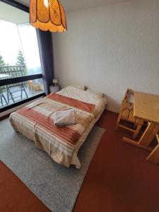 1 dormitorio con cama, mesa y ventana en Studio 05 Saint Honoré 1500, Vue montagne et lac, 2 personnes, Série Anthracite Netflix, en Saint-Honoré