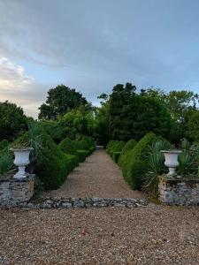 a pathway through a garden with bushes and vases at Maison Angulus Ridet in Montcresson