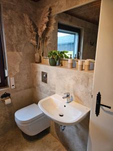 a bathroom with a sink and a toilet at Ferienhaus im Grünen in Morbach