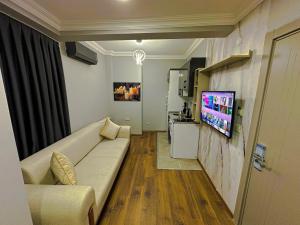 uma sala de estar com um sofá e uma televisão de ecrã plano em Sisli House By Remar Holding em Istambul