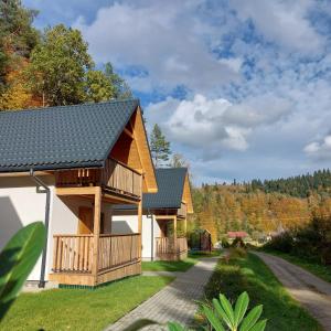 una casa con tetto di gamberetti e un sentiero di Domki Zew Natury a Lesko