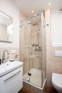 a bathroom with a shower and a toilet and a sink at Exklusive Wohnung im Herzen Westerlands in Westerland +9 photos