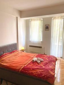 um quarto com uma cama grande e um cobertor vermelho em Tony's Downtown vintage apartment em Skopje