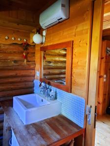 uma casa de banho com um lavatório num camarote em CHALET RONDIN JURA em Aromas