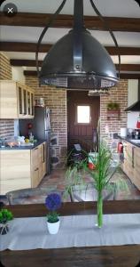 Molivos Castleview Luxury Villa في ميثيمنا: مطبخ مع ضوء أسود كبير معلق من السقف