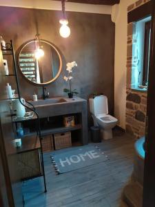 Un baño con lavabo, espejo e inodoro. en Molivos Castleview Luxury Villa with private parking, en Mithimna