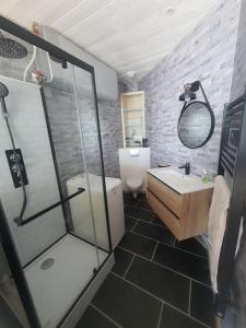 uma casa de banho com um chuveiro, um lavatório e um WC. em Vue mer exceptionnelle em La Grande-Motte