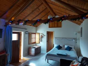 a bedroom with a bed and christmas lights on the ceiling at The Cottage near the lake in Pedrógão Grande