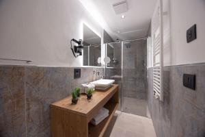 y baño con lavabo y ducha. en Hotel Villa Melì, en Predazzo