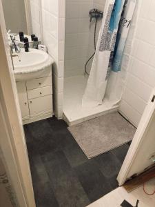un baño con ducha y lavabo en Appartement 55m² avec vue sur Canigou et Parking, en Rivesaltes