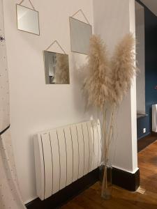una pared blanca con un jarrón con plumas en una habitación en Le Relais des Cordeliers, en Nancy