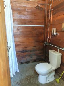 a bathroom with a toilet and a wooden wall at Lainkalogos glamping in Rabia