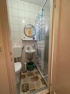 a bathroom with a toilet and a sink and a mirror at Rooms Krstinić 84 in Palit