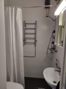 ein Bad mit einem Duschvorhang und einem Waschbecken in der Unterkunft Spacious and charming studio in Rovaniemi