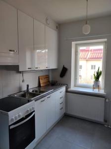 eine Küche mit weißen Schränken, einem Waschbecken und einem Fenster in der Unterkunft Spacious and charming studio in Rovaniemi