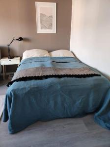 ein Bett mit blauer Decke in einem Schlafzimmer in der Unterkunft Spacious and charming studio in Rovaniemi