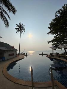 una piscina con una palma e l'oceano di Lipa Lodge Beach Resort a Lipa Noi