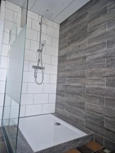 a bathroom with a shower with a glass door at B&B 't Kloaster kamer Het Landhuis in Hulsberg