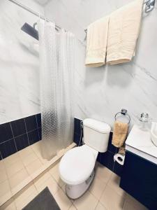 uma casa de banho com um WC branco e um chuveiro em Portville Mactan near Airport em Lapu Lapu City