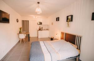 um quarto com uma cama e uma mesa num quarto em Franc-Bisontin - Unique ! 4 logements disponibles em Besançon