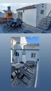 two pictures of a patio with a table and chairs at Stone House in Lagoa