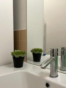 a bathroom sink with a mirror and two potted plants at [Rho Fiera – Milano] Teal Apartment in Cornaredo