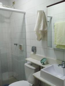a bathroom with a toilet and a sink and a mirror at Apto 349 Terceira avenida Multishoping Centro Nucleo Bandeirante in Brasilia