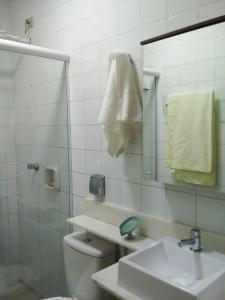 uma casa de banho com um WC, um lavatório e um espelho. em Apto 3 avenida Multishoping Centro Nucleo Bandeirante em Brasília