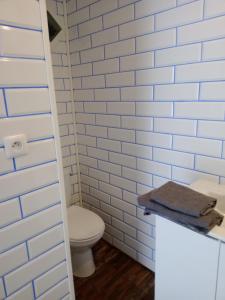 La salle de bains est pourvue de toilettes et d'un mur en briques blanches. dans l'établissement Chambre studio, à Calais