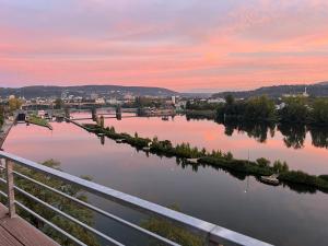 a view of a river with boats in it at Penthouse Wohnung mit schönem Moselblick in Metternich in Koblenz