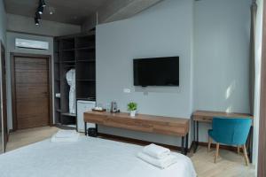 比什凱克的住宿－Gastello hotel，一间卧室配有一张床、一张书桌和一台电视。
